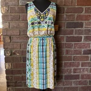 Ellen Tracy Carnaval multicolor tribal print beaded v neck sleeveless midi dress